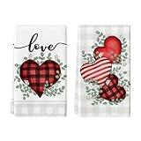 Artoid Mode Red Buffalo Plaid Heart Love Valentine's Day Kitchen Towels Dish Towels, 18x26 Inch Anniversary Wedding Decoration Hand Towels Set of 2