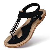 SHIBEVER Women's Flat Sandals Dressy: Summer Elastic Strap Flats - Black Comfortable Walking Thong Sandals Size 8