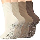 Toes Home Pilates Socks for Women with Non Slip Grippers, Yoga Crew Socks for Barre Hospital Exercise Workout Sticky Athletic Slipper Socks 4 Pairs Brown White