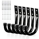 KURUI Heavy Duty Garage Hooks for Hanging, 6Pcs Large Metal Garage Storage Hooks for Extension Cord Tool Cable Gun, Wall Mount J Utility Hooks, Black Wall Hangers for Hat Backpack