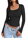 Trendy Queen Womens Long Sleeve Shirts Crop Tops Basic Tight Slim Fit Y2K T Shirts Winter Clothes 2024 Black M