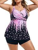 Hanna Nikole 2 Piece Tummy Control Bathing Suits for Women Plus Size Push Up High Waisted Swimwear Pink Floral Gradient with Shorts 3XL