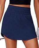 PINSPARK Womens Golf Skirts Sweat-Wicking Tennis Skort Wide Elastic Waistband Sport Skirt Weightless Workout Skorts with Short Two Pockets, Navy Blue Large