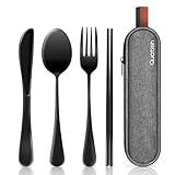 Travel Utensils with Case, Quatish Portable Silverware Set for Work, Stainless Steel Reusable Travel Cutlery Set, Fork and Spoon Set for Camping, Picnic, Gadgets, Lunch Box for Men, Black