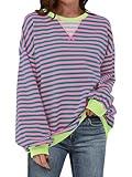 ANRABESS Women Striped Oversized Sweatshirt Long Sleeve Crewneck Shirts 2024 Fall Fashion Pullover Sweater Trendy Clothes Pink Green Small