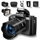 4K Digital Camera for Photography, Vlogging Camera for YouTube with Autofocus, WiFi Touchscreen 16X Digital Zoom Video Camera with 3000mAh Battery, Dual-Lens, Lens Hood, 32GB TF Card and Flash,Black