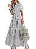 utcoco Womens Casual Short Sleeve Button Down Tie Waist Ruffled Striped Maxi Shirt Dress (Medium, Black)