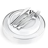 125-Piece White and Silver Fancy Plastic Plates Disposable with Silverware, Elegant Dinnerware for Weddings, Holiday Party China, Set of 25 Dinner + Salad Plates, 25 Spoons, 25 Forks, 25 Knives