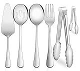 Serving Utensils, XEVOM 6-Piece Stainless Steel Serving Utensil Set Include Serving Spoon, Slotted Serving Spoon, Serving Fork,Serving Tong, Appetizers Tong,Pie Server (Silver)