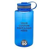 DISCOUNT PROMOS Custom Plastic Sports Water Bottles with Flip Lid 38 oz. Set of 50, Personalized Bulk Pack - Great for Gym, Hiking, Cycling, Camping, Backpacking, School - Blue