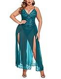 Avidlove Women's Plus Size Lingerie Sexy Split Maxi Long Gown Sheer Dress Blue Green 4X-Large