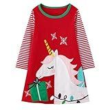 Girl Christmas Party Dress Red Gift Unicorn Applique Cotton Casual Long Sleeve Tunic Playwear Dresses 8 Years