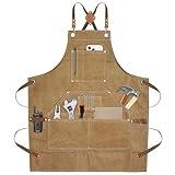 Yxiang Khaki Handmade Work Apron with 11 Tool Pockets, Heavy Duty Waxed Canvas Workshop Tool Aprons Woodworking Apron for Men
