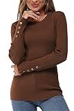 Newshows Women's Fall Fashion Sweater Long Sleeve Crew Neck Button Stretch Casual Pullover Tops Winter Clothes Trendy Brown M