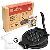 Uno Casa Cast Iron Tortilla Press 8 Inch - Tortilla Maker Press, Pre-Seasoned Roti Maker with 100 Pcs Parchment Paper - Heavy Duty Quesadilla Maker for Homemade Flatbreads, Rotis, Empanadas