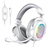 FIFINE USB Gaming Headset, PC Headphones Wired with Microphone for Computer/Laptop, Over-Ear RGB Headset with 7.1 Surround Sound, Noise Cancellation for Streaming Video Game- AmpliGame H6 (White)
