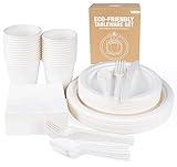 Anstore Disposable Paper Plates, Compostable Plates and Cutlery Set 200 Pcs Including White Paper Plates, Cups, Napkins, Knife, Spoons and Forks, Heavy Duty Paper Plates for Birthday Party Decorations