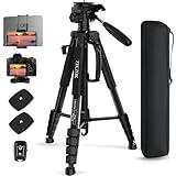 75" Camera Tripod for Cell Phone, Travel Tripod for Camera with Wireless Remote, Heavy Duty Camera Stand Tripod for DSLR/SLR/DV/GoPro (Black)