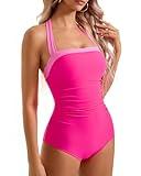 SUUKSESS Women Sexy Tummy Control One Piece Swimsuits Halter Slimming Retro Monokini Bathing Suits Color Block Swimwear(Pink Color Block,L)