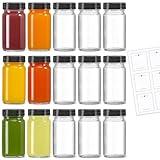 15 Pack 2 oz Glass Shot Mini Bottles w/ Black Lids & 15 Labels - Small Clear Jar for Ginger, Wellness Shot, Juice, Sample, Whiskey - Travel Essentials - Wide Mouth, Leakproof, Dishwasher Safe