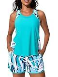 Summer Mae Blouson Tankini Swimsuits for Women 2025 Tummy Control Two Piece Bathing Suits with Sporty Pockets Swim Shorts Coconut Tree on The Sea Size 12