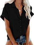 APRAW Womens Casual Button Down Short Sleeve Shirts 2025 Summer Fashion Trendy Cotton Collared Linen Shirt Top Blouses with Pocket Black