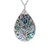Wire Wrapped Abalone Teardrop Necklace - Handmade Silver Abalone Shell Water Drop Tree of Life Pendent Jewelry for Women