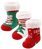 3 Pairs Toddler Girl Boy Sherpa-lined Fuzzy Socks Anti Skid with Grips, Baby Girl Boy Christmas Socks Kids Slipper Socks (4-6 years, 3 pairs Christmas B)