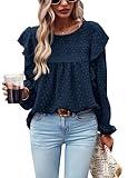 PRETTYGARDEN Women's Long Sleeve Blouses Ruffle Swiss Dot Crochet Loose Fit 2024 Fall Tunic Dressy Casual Tops Navy M