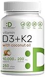 DEAL SUPPLEMENT Vitamin D3 10,000 IU + K2 MK7 200 mcg, Infused with Virgin Coconut Oil, 250 Softgels, Double Strength Vitamin D & K, Promotes Heart, Bone & Teeth Health - Very Easy to Swallow