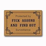 Assaoy Front Door Mat Outside Entrance,Protected by Fuck Around and find Out Surveillance Funny Doormat Floor Mat Indoor//Kitchen Non-Slip Durable Front Mat Patio Home 23.6 x15.7 in