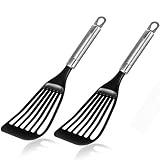 KSENDALO Fish Spatulas for Kitchen Nonstick Cookware - Flexible Thin Egg Spatula Turner, Slotted Flipper Kitchen Utensils, European Nylon Black Cooking Utensil, Dishwasher Safe(2 Pack)