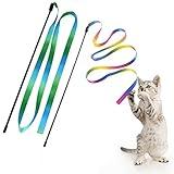 LASOCUHOO Interactive Cat Rainbow Wand Toys, Interactive Cat Teaser Wand String, Colorful Ribbon Charmer for Most Cats and Kittens - 2 PCS