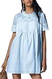 VAOYIU Women Crochet Lace Mini Dress Round Neck Short Sleeve Sheer Mesh Clothing Casual Outfits with Lace Back Design (Blue-XL)