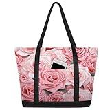 Canvas Tote Bag for Women Valentines Day Roses Reusable Grocery Shopping Bag with Zipper Women Gift