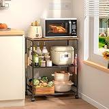 ThreeHio Rolling Kitchen Microwave Cart, 3 Tier Microwave Table Stand with Storage, Kitchen Utility Cart on Lockable Wheels, Small Coffee Cart Shelf Rack Organizer for Living Room Office, Balcony