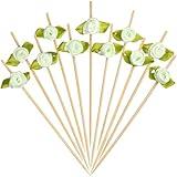 Minisland Green Rose Flower Cocktail Picks, 4.7 Inch Long Bamboo Fancy Toothpicks for Appetizers, Decorative Spring Summer Easter Party Food Drinks Garnish Fruit Skewer Sticks 100 Counts - MSL225