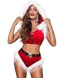 RSLOVE Women Sexy Christmas Costume - Santa Lingerie Set Velvet Claus Outfit 2Pcs Tops and Shorts Xmas Roleplay Bodysuit Red, M