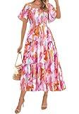 BTFBM Summer Floral Dress for Women 2025 Spring Boho Short Sleeve Square Neck Smocked Flowy Maxi Beach Vacation Dresses(Floral Brown Purple, Medium)