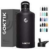 COKTIK 128 oz/One Gallon Water Bottle Insulated, Double Walled Vacumm Metal Stainless Steel Sports Water Bottle with Reusable 2 Lids for Sports, Gym, Fitness or Office(Black)