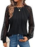 AUTOMET Womens Long Sleeve Shirts Lace Tops Business Casual Blouses 2025 Fall Fashion Teacher Outfits Trendy Clothes Knit T Y2k Ladies Dressy Work Professional Clothing Black L