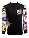 SCREENSHOT-F11062 Mens Urban Hip Hop Premium Pullover Fleece - Pop Art Animation Retro Arm Print Street Fashion Crew Neck Sweatshirt-Black-Medium