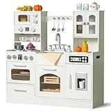 Wooden Play Kitchen for Kids with Realistic Lights and Sounds, Large Toddlers Interactive Kitchen Playset with Ice Maker, Stove, Sink, Oven, and 12 Accessories, Pretend Play Kitchen Set for Ages 3-8