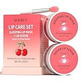 Lip Scrub & Lip Mask Set, Cherry Lip Exfoliator Scrub, Christmas Gifts Stocking Stuffers Gift for Women, Overnight Suger Lip Treatment, Repair Dry Cracked Lips - with Lip Brush (10g*2)