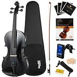 Mendini By Cecilio Violin 4/4 Full Size For Beginners - Fiddle Solidwood Kit with Hard Case - Acoustic Violins with Bow, Rosin, Tuner, Extra Strings & Bridge, Shoulder Rest and Lesson Book (Black)