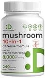 Organic 10-in-1 Mushroom Supplement 8,000mg Per Serving, 240 Capsules – Lions Mane, Turkey Tail, Reishi, Cordyceps & More Mushroom Complex – Immune, Energy & Nootropic Brain Support – Non-GMO