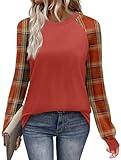 WIHOLL Womens Early Fall Fashion 2025 Color Block Long Sleeve Shirts for Women Casual Fall Outfits for Women 2025 Winter Clothing School Outfits for Teachers Work Office Clothes Rust Orange Plaid L