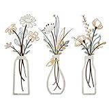 Pigort 3 Pieces Metal Flowers Wall Arts - Rustic Farmhouse Decor Beige Minimalist Flower Wall Decors for Living room Bathroom Bedroom Dining Room-Housewarming Gifts (Beige, Vase-C)