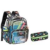Bagseri 2pcs Clear Backpack for Boys - 15 Inch Backpack and Pencil Case Set, Heavy Duty Transparent Bookbag for School, See Through Bag for Kids Aged 3 to 8, Black Dinosaur