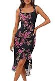MEROKEETY Women's Summer Floral Bodycon Dress Square Neck Sleeveless Ruffle Hem Cocktail Mesh Midi Dress, Black, Medium